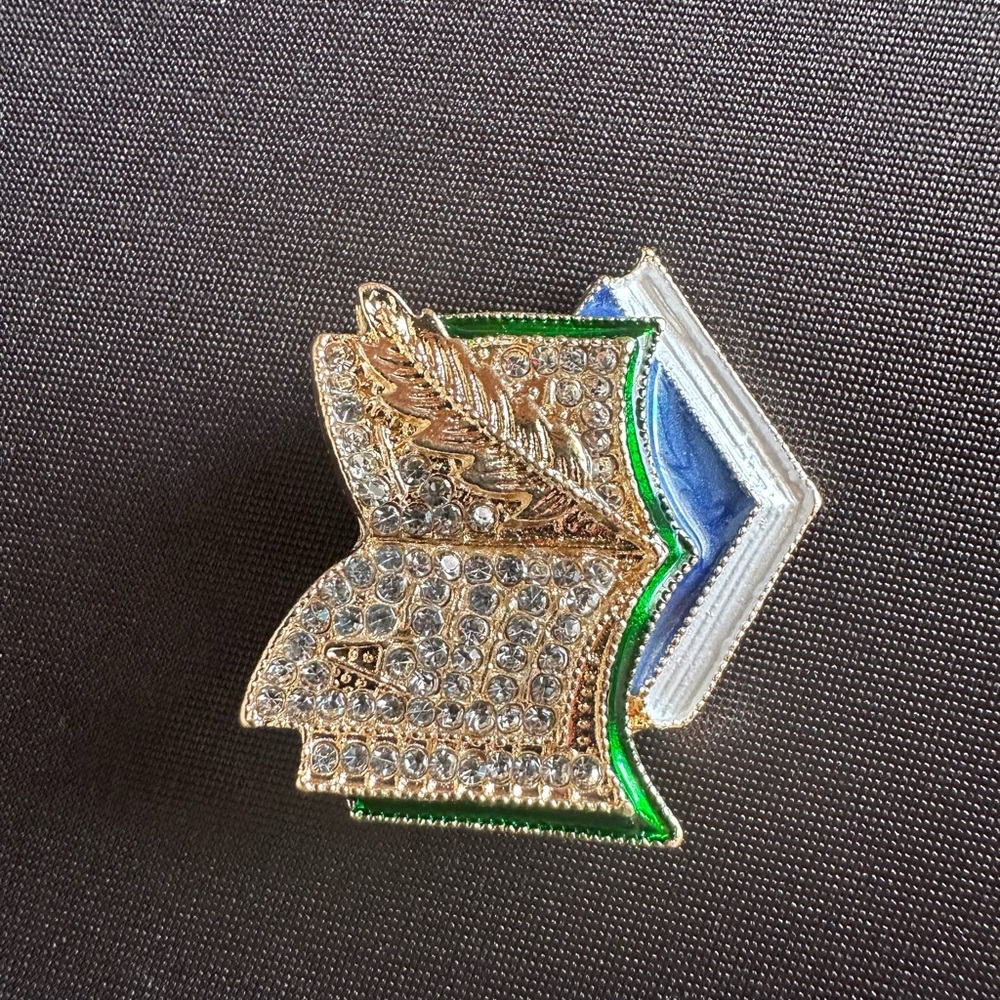 Gold and Blue Book with Green Accents  Brooch - Picture 2 of 4